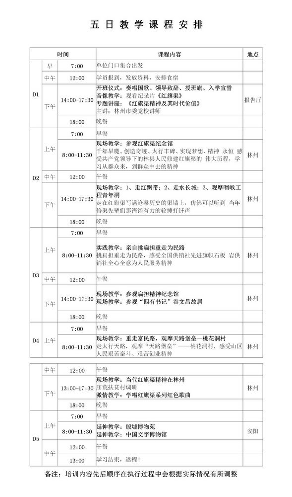 红旗渠精神5日教学课程安排